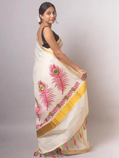 Kerala Onam Kasavu Saree with Peacock Feather Print